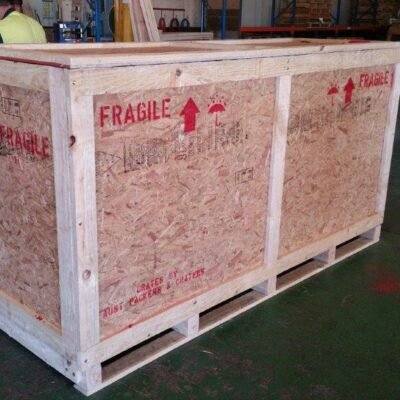 Closed wooden crate marked fragile